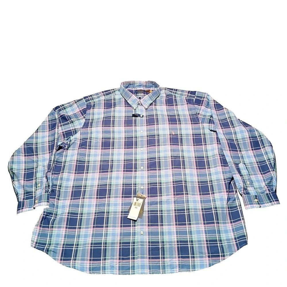 POLO‎ RALPH LAUREN Mens Shirt Button Down Plaid Performance Wicking Blue 4XB